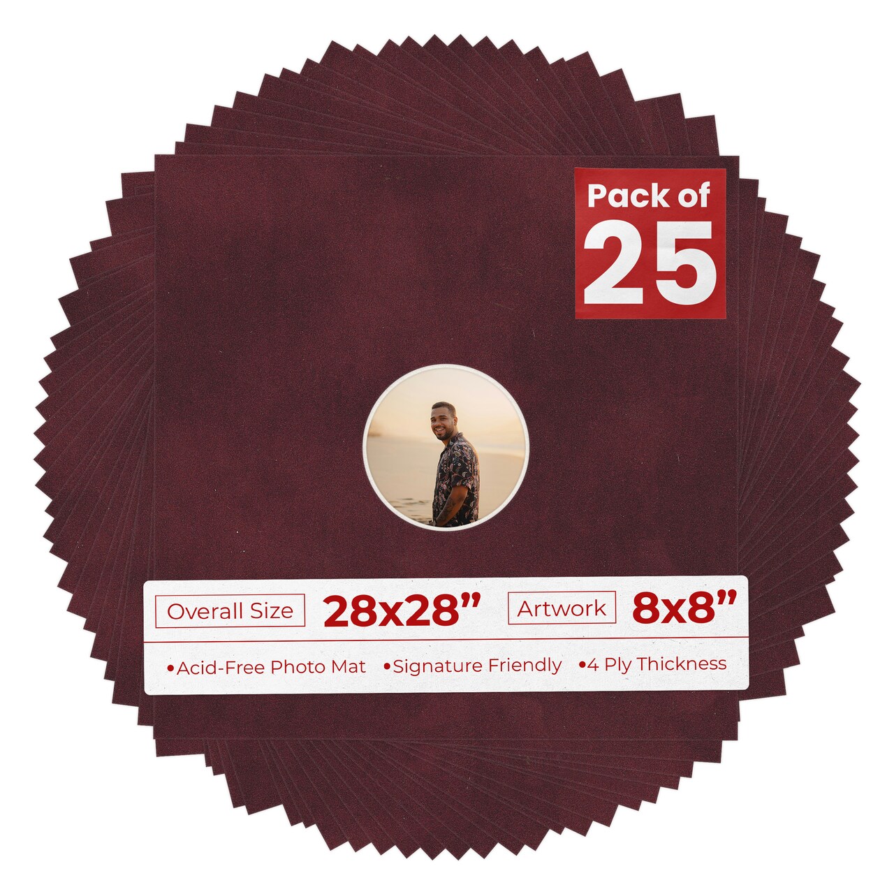 Dark Red Suede Mat Board for 28x28 Frames - Circle Opening for 8x8 Photos